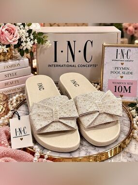INC International Concepts Peymin Pearl Bow Slides Ivory Women’s Size 10M New